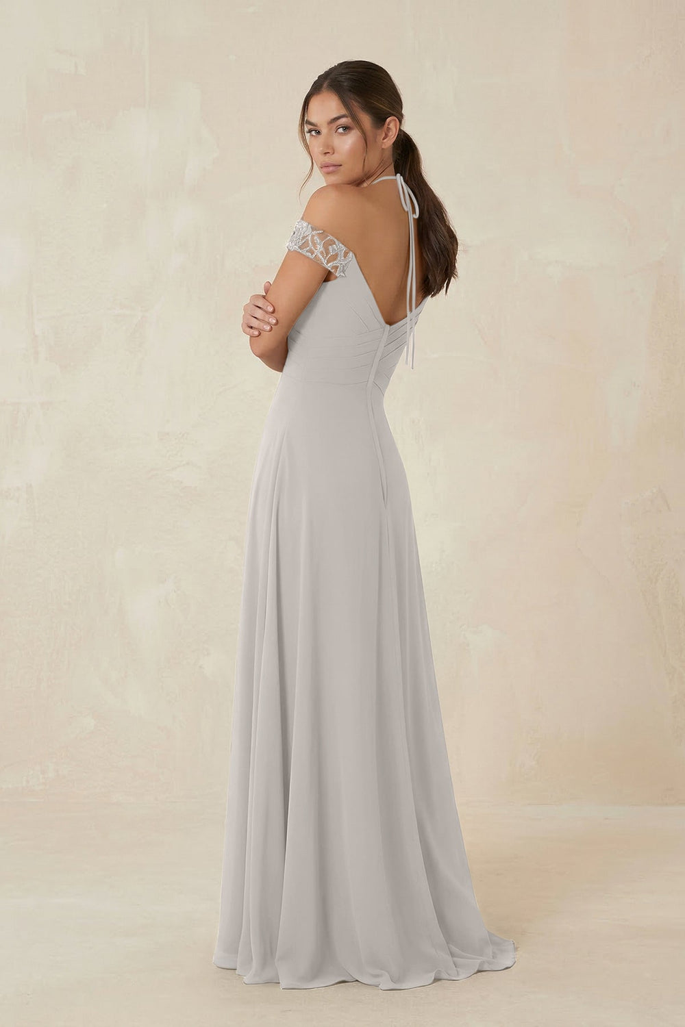 A-Line Off-the-Shoulder Chiffon Bridesmaid Dress in Silver - KISS BRIDAL BRIDESMAID DRESSES