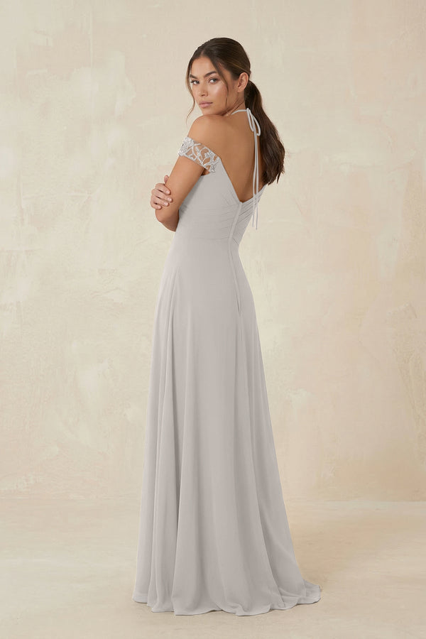 A-Line Off-the-Shoulder Chiffon Bridesmaid Dress in Silver - SHE IS ME BRIDESMAID DRESSES