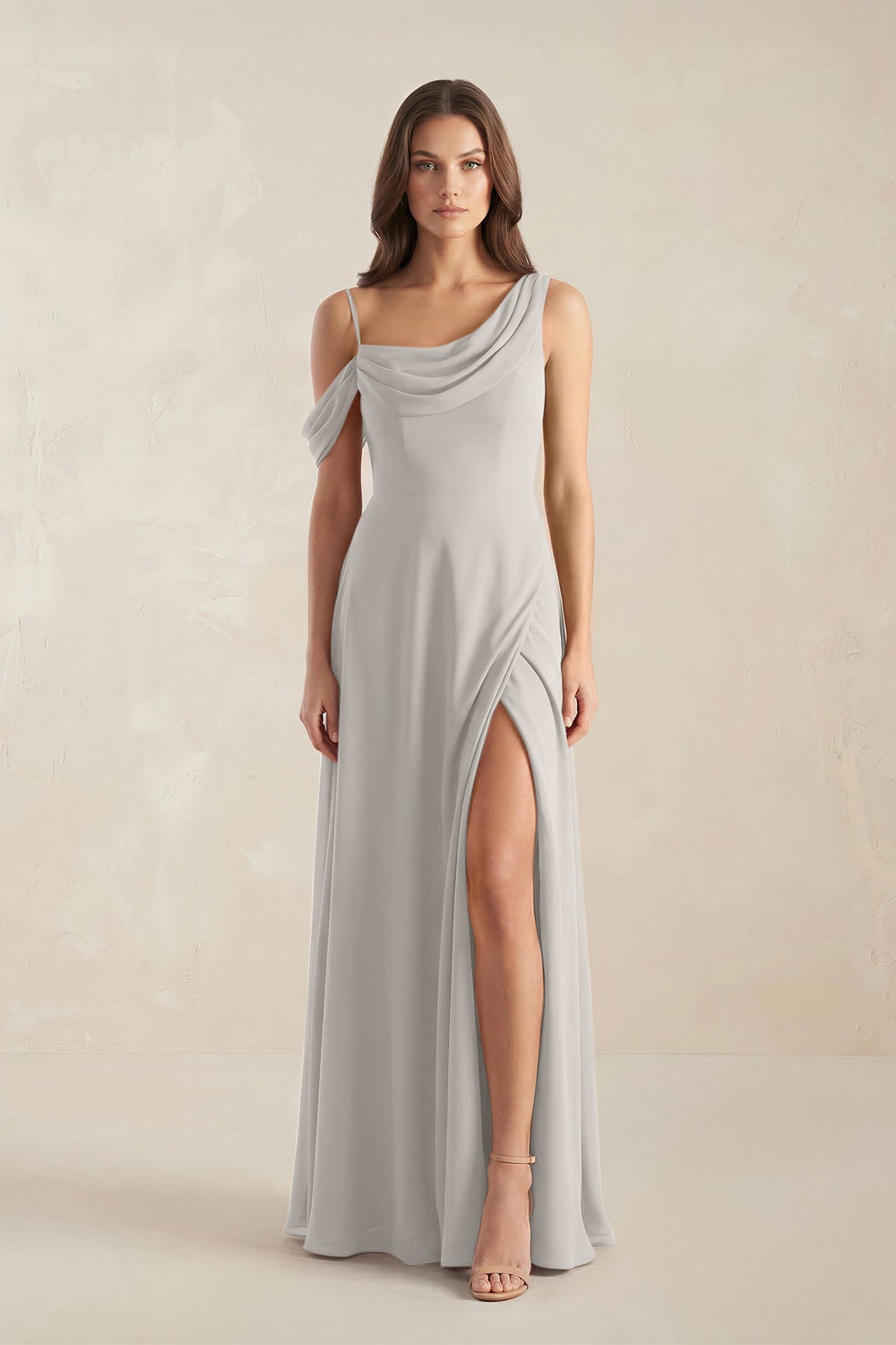 One-Shoulder Chiffon A-Line Bridesmaid Dress in Silver - KISS BRIDAL BRIDESMAID DRESSES