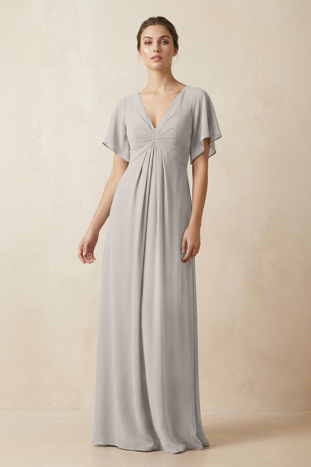 Short Sleeve V-Neck Chiffon A-Line Bridesmaid Dress in Silver - KISS BRIDAL BRIDESMAID DRESSES