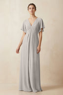Short Sleeve V-Neck Chiffon A-Line Bridesmaid Dress in Silver - SHE IS ME BRIDESMAID DRESSES