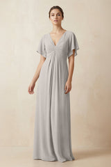 Short Sleeve V-Neck Chiffon A-Line Bridesmaid Dress in Silver - KISS BRIDAL BRIDESMAID DRESSES