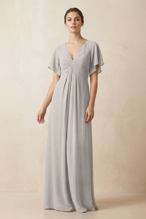 Short Sleeve V-Neck Chiffon A-Line Bridesmaid Dress in Silver - SHE IS ME BRIDESMAID DRESSES
