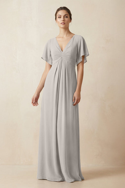 Short Sleeve V-Neck Chiffon A-Line Bridesmaid Dress in Silver - SHE IS ME BRIDESMAID DRESSES