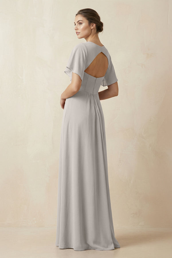 Short Sleeve V-Neck Chiffon A-Line Bridesmaid Dress in Silver - SHE IS ME BRIDESMAID DRESSES
