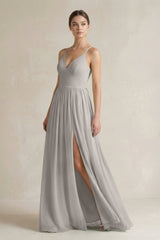 A-Line Spaghetti Strap Chiffon Bridesmaid Dress in Silver - KISS BRIDAL BRIDESMAID DRESSES