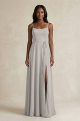 A-Line Spaghetti Straps Chiffon Bridesmaid Dress in Silver - KISS BRIDAL BRIDESMAID DRESSES