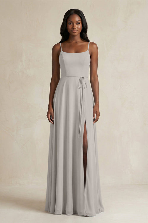 A-Line Spaghetti Straps Chiffon Bridesmaid Dress in Silver - SHE IS ME BRIDESMAID DRESSES
