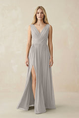 V-Neck Chiffon Pleated A-Line Bridesmaid Dress in Silver - KISS BRIDAL BRIDESMAID DRESSES