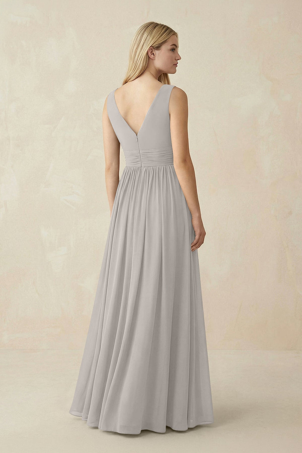 V-Neck Chiffon Pleated A-Line Bridesmaid Dress in Silver - KISS BRIDAL BRIDESMAID DRESSES