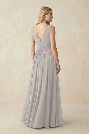 V-Neck Chiffon Pleated A-Line Bridesmaid Dress in Silver - SHE IS ME BRIDESMAID DRESSES