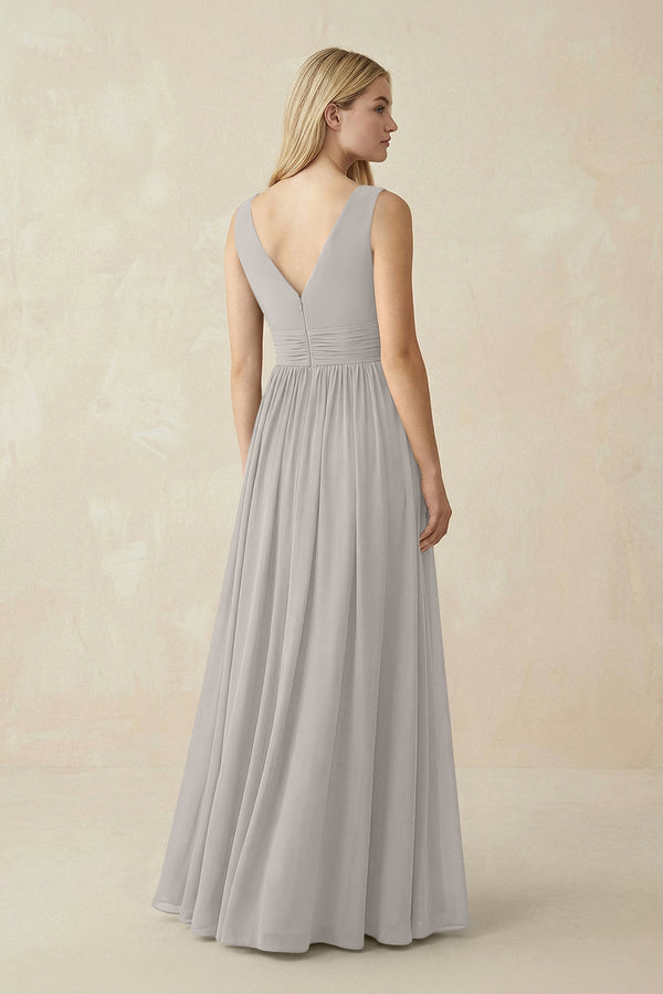 V-Neck Chiffon Pleated A-Line Bridesmaid Dress in Silver - SHE IS ME BRIDESMAID DRESSES