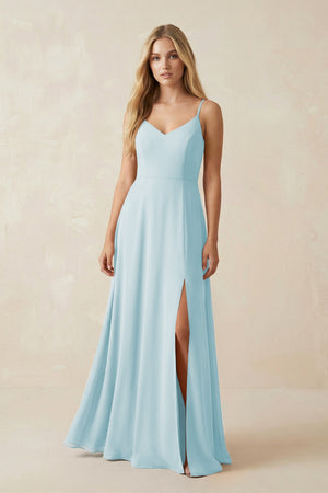 Cami Strap A-Line Chiffon Bridesmaid Dress with Slit in Sky Blue - SHE IS ME BRIDESMAID DRESSES