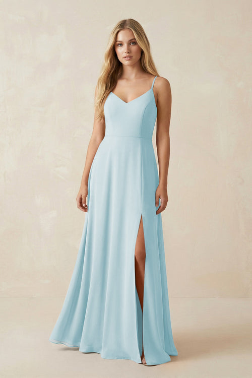 Cami Strap A-Line Chiffon Bridesmaid Dress with Slit in Sky Blue - SHE IS ME BRIDESMAID DRESSES