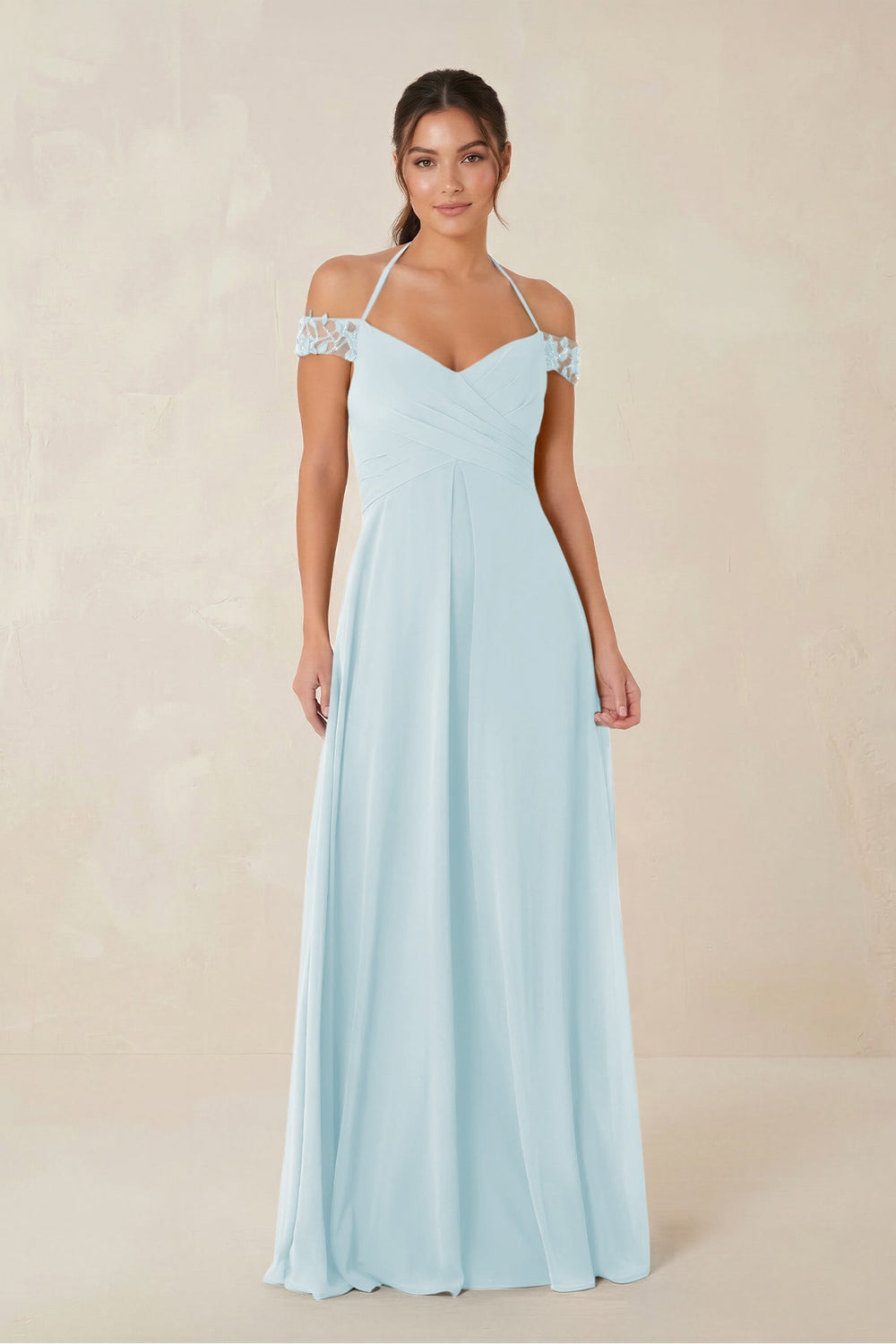 A-Line Off-the-Shoulder Chiffon Bridesmaid Dress in Sky Blue - KISS BRIDAL BRIDESMAID DRESSES