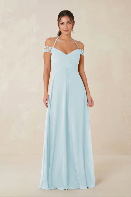 A-Line Off-the-Shoulder Chiffon Bridesmaid Dress in Sky Blue - KISS BRIDAL BRIDESMAID DRESSES
