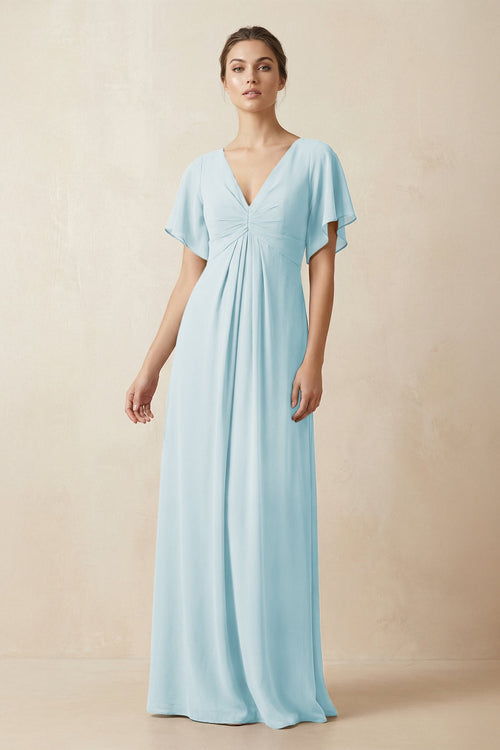 Short Sleeve V-Neck Chiffon A-Line Bridesmaid Dress in Sky Blue - SHE IS ME BRIDESMAID DRESSES