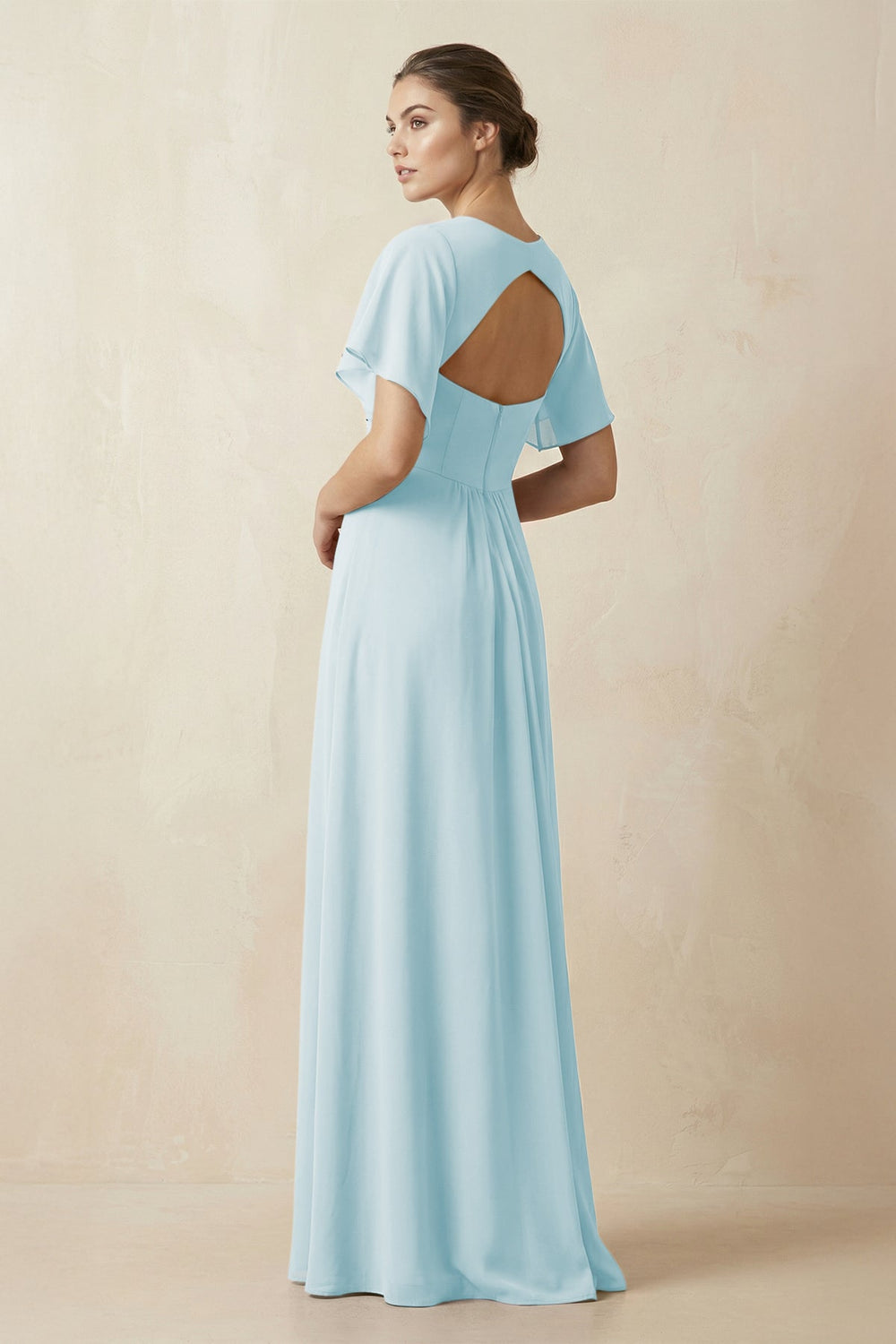 Short Sleeve V-Neck Chiffon A-Line Bridesmaid Dress in Sky Blue - KISS BRIDAL BRIDESMAID DRESSES