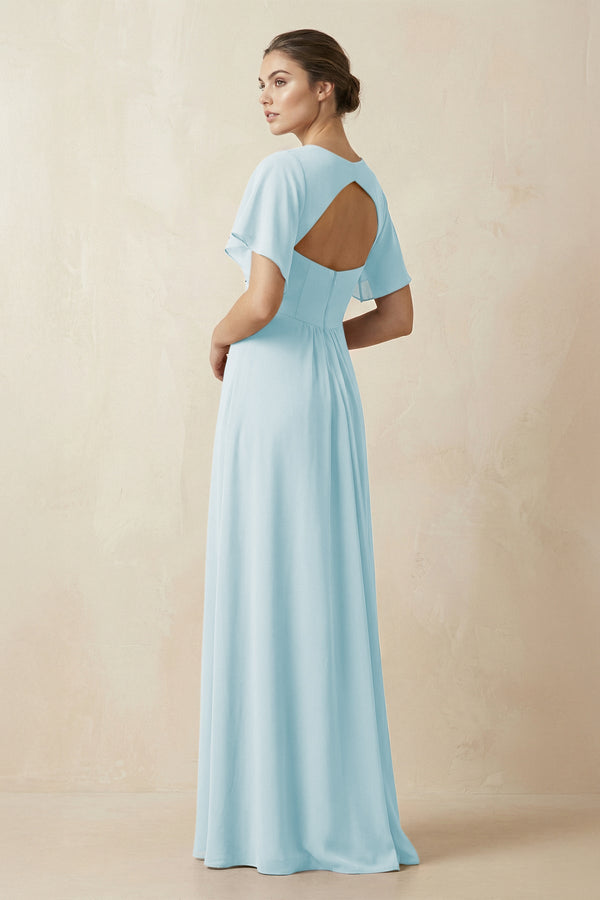 Short Sleeve V-Neck Chiffon A-Line Bridesmaid Dress in Sky Blue - SHE IS ME BRIDESMAID DRESSES