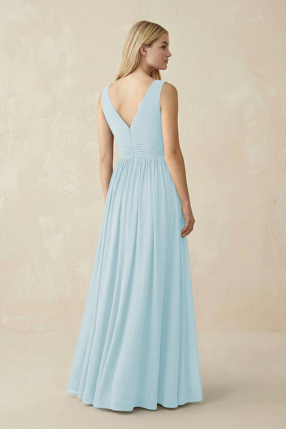 V-Neck Chiffon Pleated A-Line Bridesmaid Dress in Sky Blue - KISS BRIDAL BRIDESMAID DRESSES