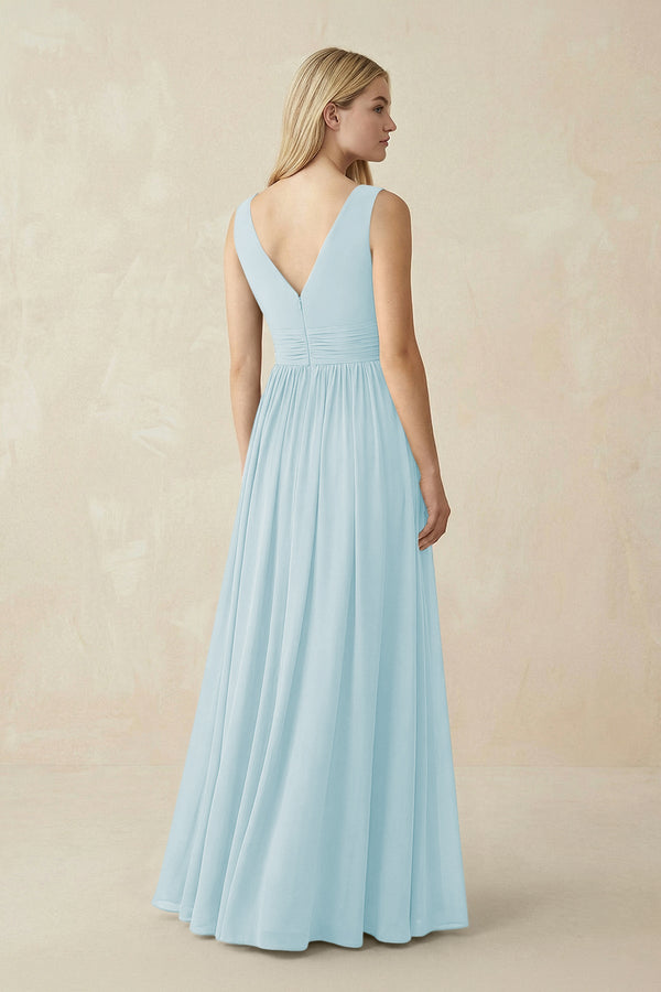 V-Neck Chiffon Pleated A-Line Bridesmaid Dress in Sky Blue - SHE IS ME BRIDESMAID DRESSES