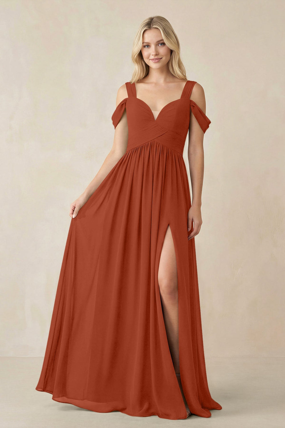 Chiffon A-Line Bridesmaid Dress with Slit  in Spice - KISS BRIDAL BRIDESMAID DRESSES