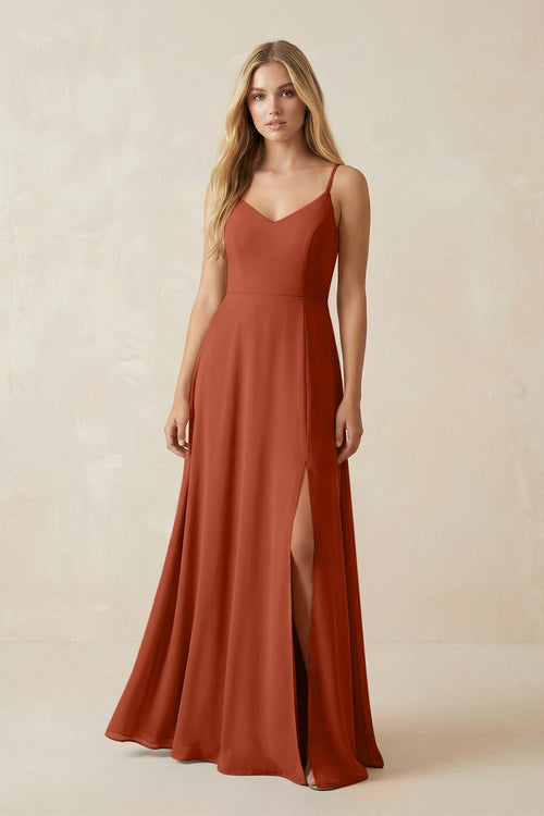 Cami Strap A-Line Chiffon Bridesmaid Dress with Slit in Spice - SHE IS ME BRIDESMAID DRESSES