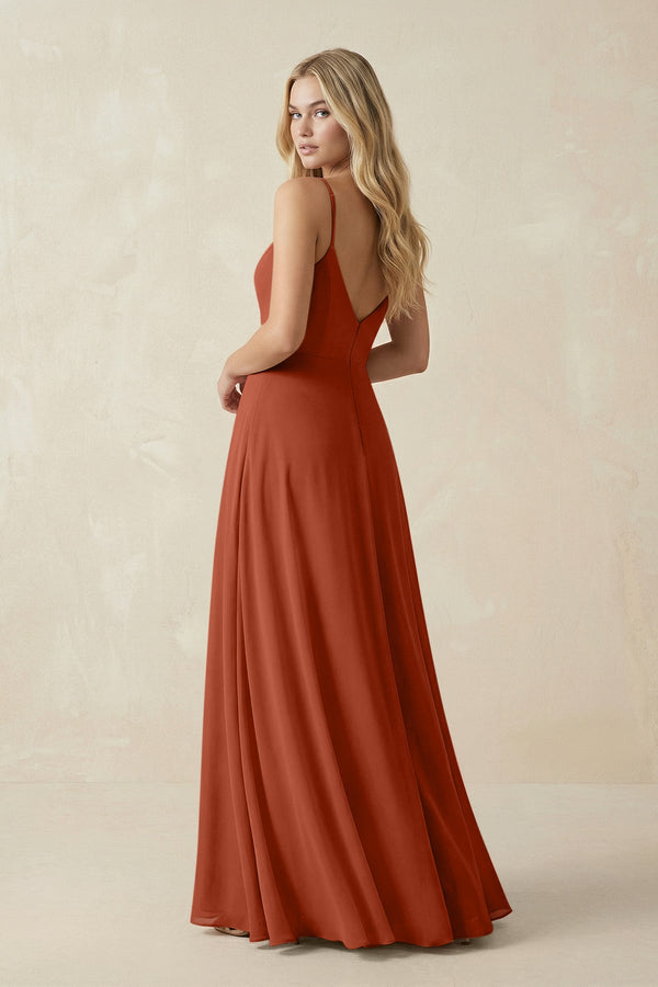 Cami Strap A-Line Chiffon Bridesmaid Dress with Slit in Spice - SHE IS ME BRIDESMAID DRESSES