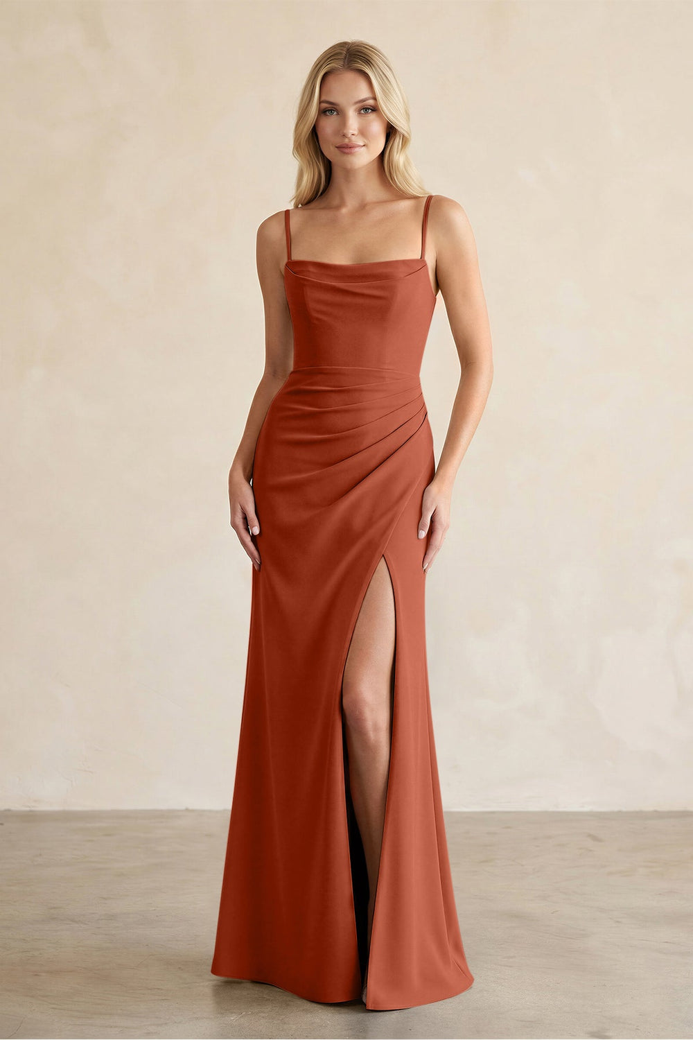 Cami Strap Chiffon Sheath Bridesmaid Dress with Slit in Spice - KISS BRIDAL BRIDESMAID DRESSES