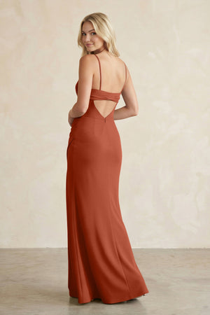 Cami Strap Chiffon Sheath Bridesmaid Dress with Slit in Spice - SHE IS ME BRIDESMAID DRESSES
