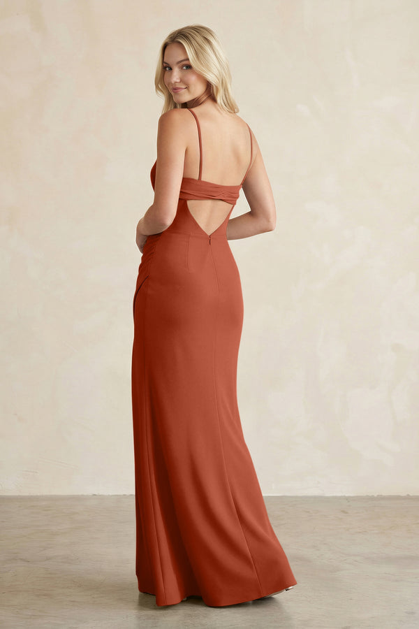 Cami Strap Chiffon Sheath Bridesmaid Dress with Slit in Spice - SHE IS ME BRIDESMAID DRESSES
