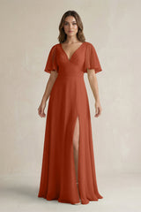 Flutter Sleeve V-Neck A-Line Chiffon Bridesmaid Dress in Spice
