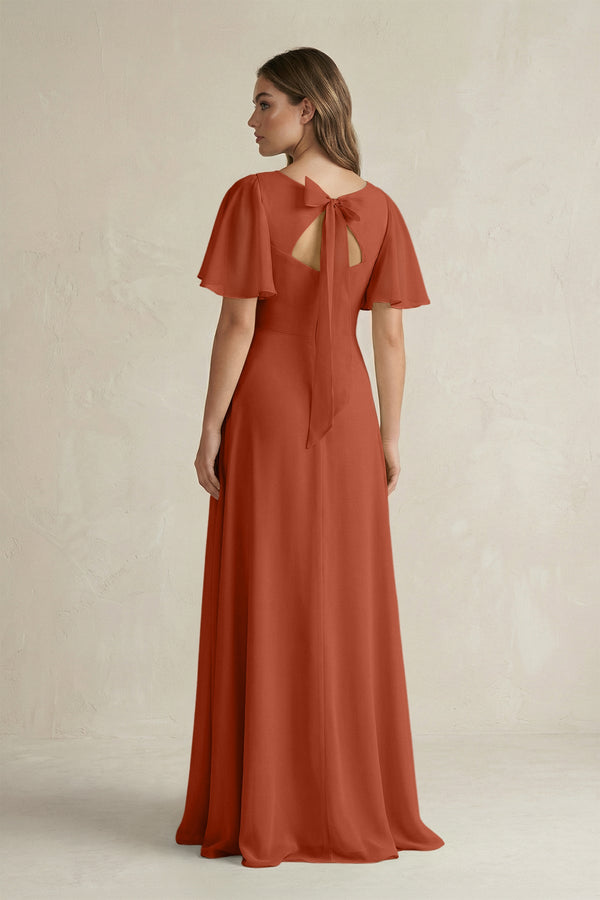 Flutter Sleeve V-Neck A-Line Chiffon Bridesmaid Dress in Spice