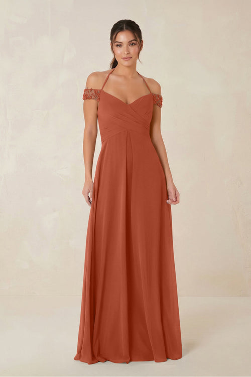 A-Line Off-the-Shoulder Chiffon Bridesmaid Dress in Spice - KISS BRIDAL BRIDESMAID DRESSES