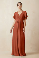 Short Sleeve V-Neck Chiffon A-Line Bridesmaid Dress in Spice - KISS BRIDAL BRIDESMAID DRESSES