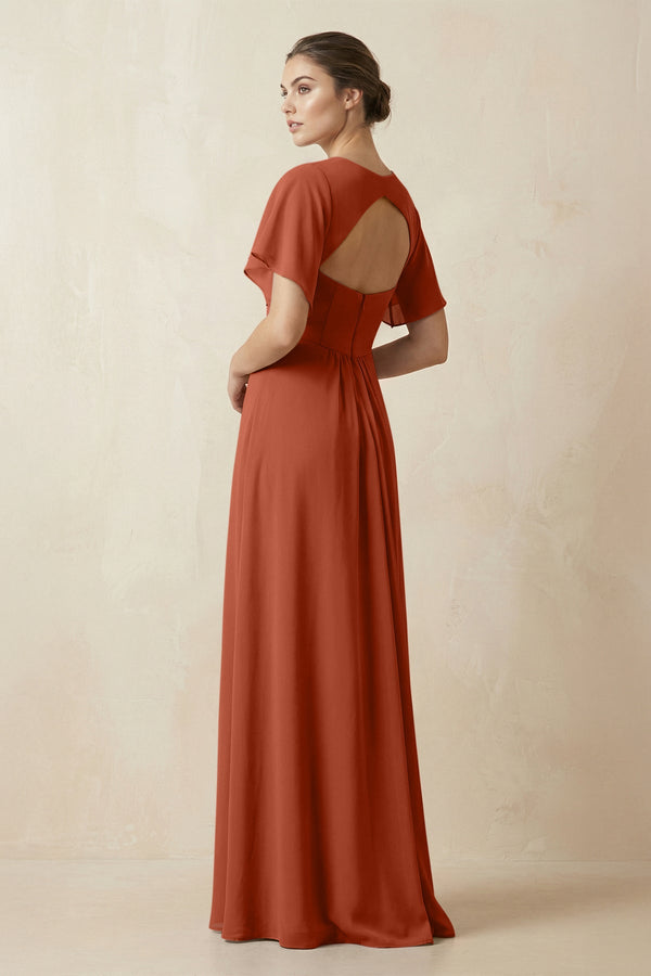 Short Sleeve V-Neck Chiffon A-Line Bridesmaid Dress in Spice - SHE IS ME BRIDESMAID DRESSES