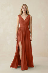V-Neck Chiffon Pleated A-Line Bridesmaid Dress in Spice - KISS BRIDAL BRIDESMAID DRESSES