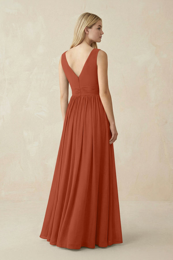 V-Neck Chiffon Pleated A-Line Bridesmaid Dress in Spice - SHE IS ME BRIDESMAID DRESSES