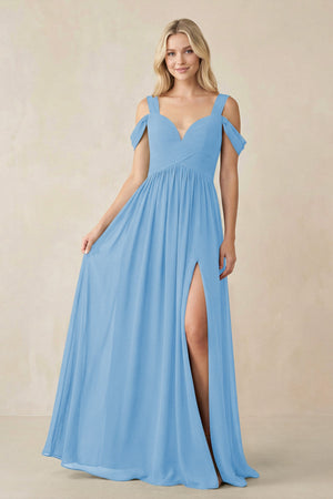 Chiffon A-Line Bridesmaid Dress with Slit  in Steel Blue - SHE IS ME BRIDESMAID DRESSES