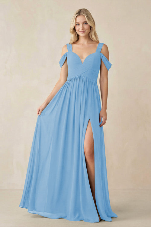 Chiffon A-Line Bridesmaid Dress with Slit  in Steel Blue - SHE IS ME BRIDESMAID DRESSES
