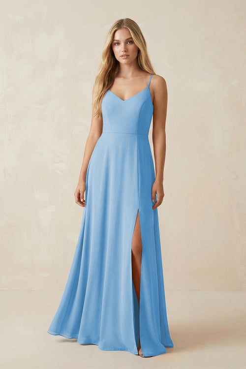 Cami Strap A-Line Chiffon Bridesmaid Dress with Slit in Steel Blue - SHE IS ME BRIDESMAID DRESSES