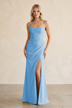 Cami Strap Chiffon Sheath Bridesmaid Dress with Slit in Steel Blue - SHE IS ME BRIDESMAID DRESSES