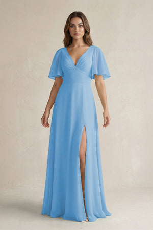 Flutter Sleeve V-Neck A-Line Chiffon Bridesmaid Dress in Steel Blue
