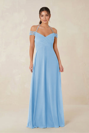 A-Line Off-the-Shoulder Chiffon Bridesmaid Dress in Steel Blue - KISS BRIDAL BRIDESMAID DRESSES