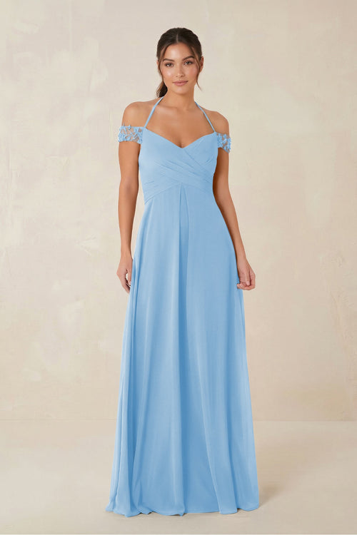 A-Line Off-the-Shoulder Chiffon Bridesmaid Dress in Steel Blue - KISS BRIDAL BRIDESMAID DRESSES