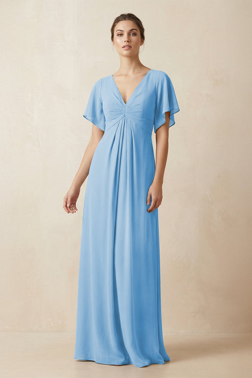 Short Sleeve V-Neck Chiffon A-Line Bridesmaid Dress in Steel Blue - SHE IS ME BRIDESMAID DRESSES
