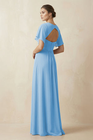 Short Sleeve V-Neck Chiffon A-Line Bridesmaid Dress in Steel Blue - SHE IS ME BRIDESMAID DRESSES