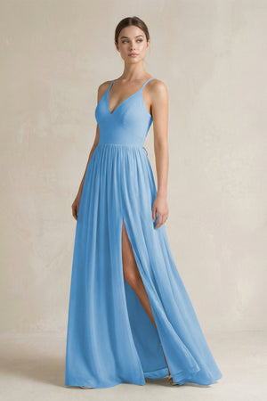 A-Line Spaghetti Strap Chiffon Bridesmaid Dress in Steel Blue - SHE IS ME BRIDESMAID DRESSES