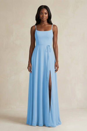 A-Line Spaghetti Straps Chiffon Bridesmaid Dress in Steel Blue - KISS BRIDAL BRIDESMAID DRESSES