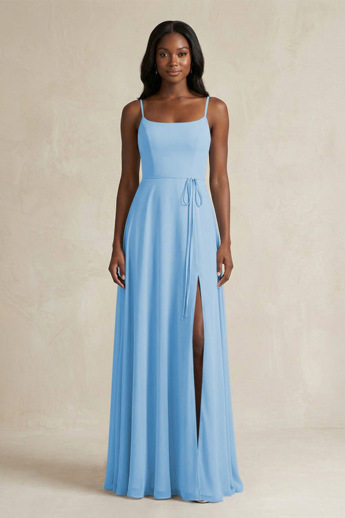 A-Line Spaghetti Straps Chiffon Bridesmaid Dress in Steel Blue - KISS BRIDAL BRIDESMAID DRESSES